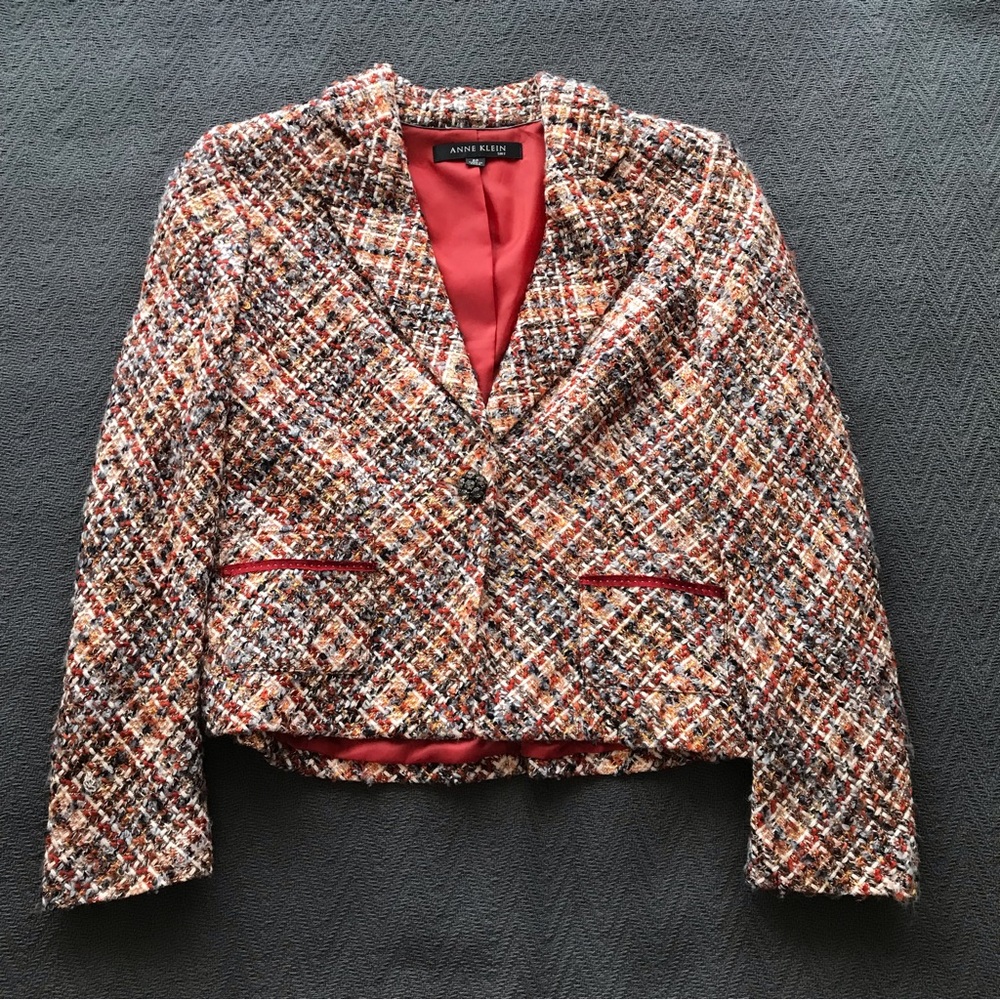 Vintage Anne Klein Suit Tweed Blazer Red Gold Glamorous Crystal Cluster Button 8